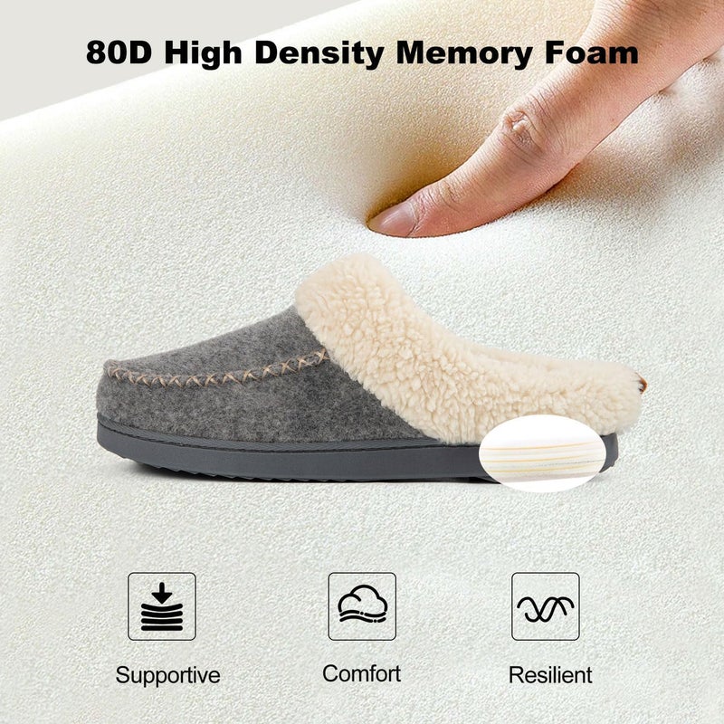 LongBay Womens Felt Sherpa Bedroom Slippers Warm Cozy Wool-Like Moccasin Slippers for Indoor Outdoor Winter Memory Foam House Shoes Slip-On with Fuzzy Plush Lining Grey,9-10 - Image 4